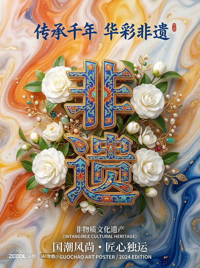 国潮海报3D掐丝珐琅字体设计-非遗