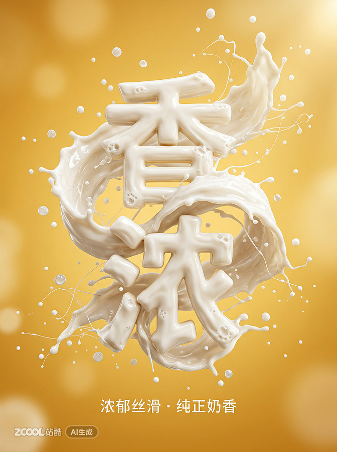 电商动感液态3D牛奶材质字体设计-香浓