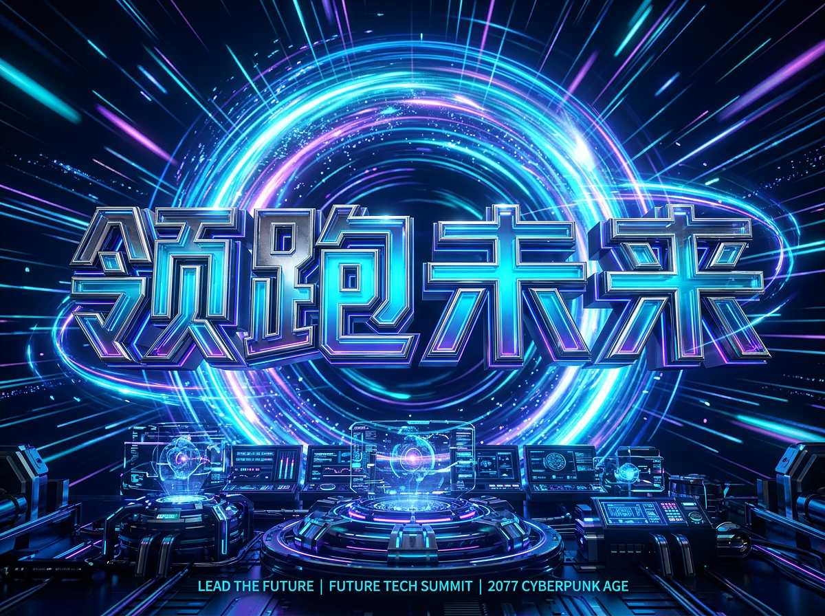 3D科技感金属字体设计海报-领跑未来