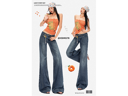 美式辣妹美式复古牛仔喇叭裤详情页排版海报模特拼图