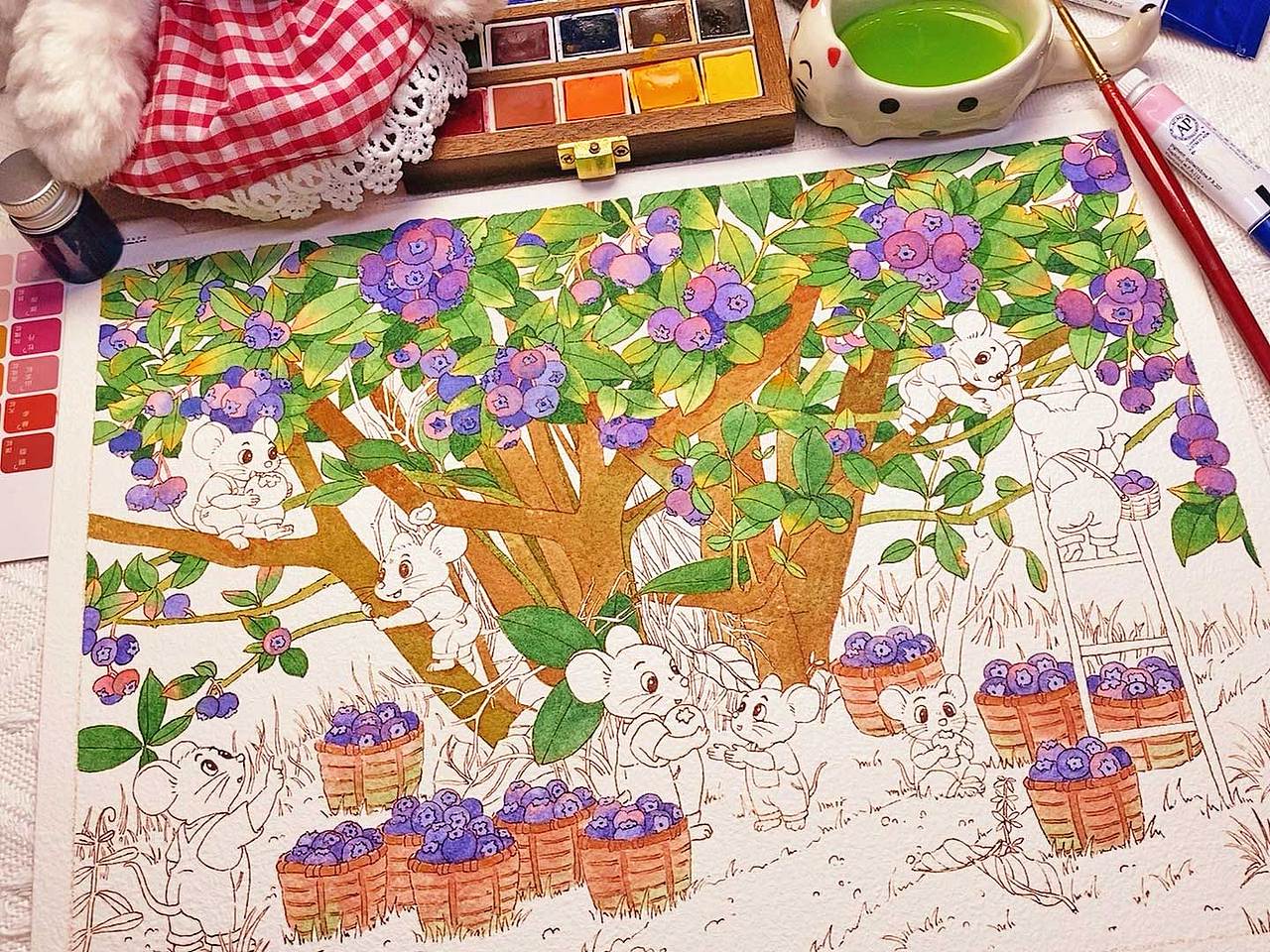 小鼠们摘蓝莓啦~（图ZNDA1MDgxNzUy） - 商业插画 - 站酷设计师采菲CaiFei原创素材 - 站酷ZCOOL