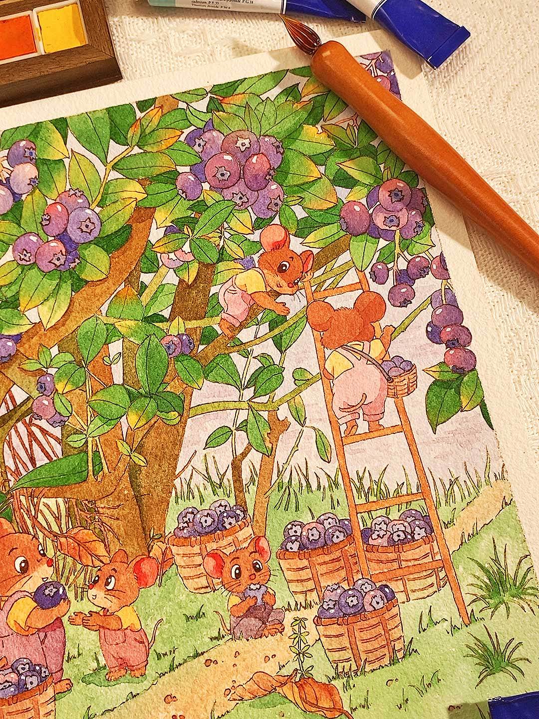 小鼠们摘蓝莓啦~（图ZNDA1MDgzNzcy） - 商业插画 - 站酷设计师采菲CaiFei原创素材 - 站酷ZCOOL