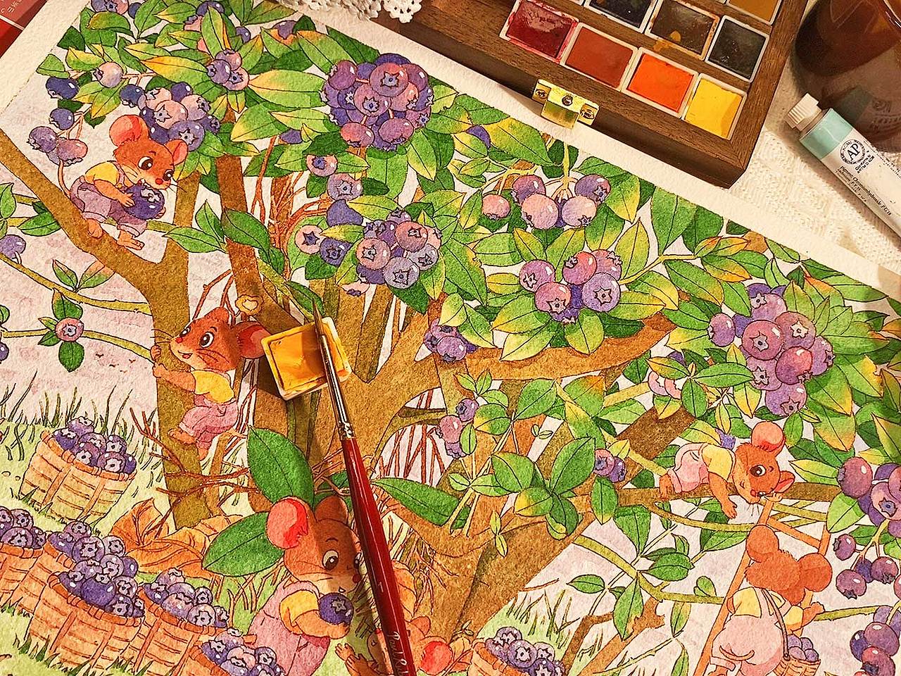 小鼠们摘蓝莓啦~（图ZNDA1MDgzNzg0） - 商业插画 - 站酷设计师采菲CaiFei原创素材 - 站酷ZCOOL