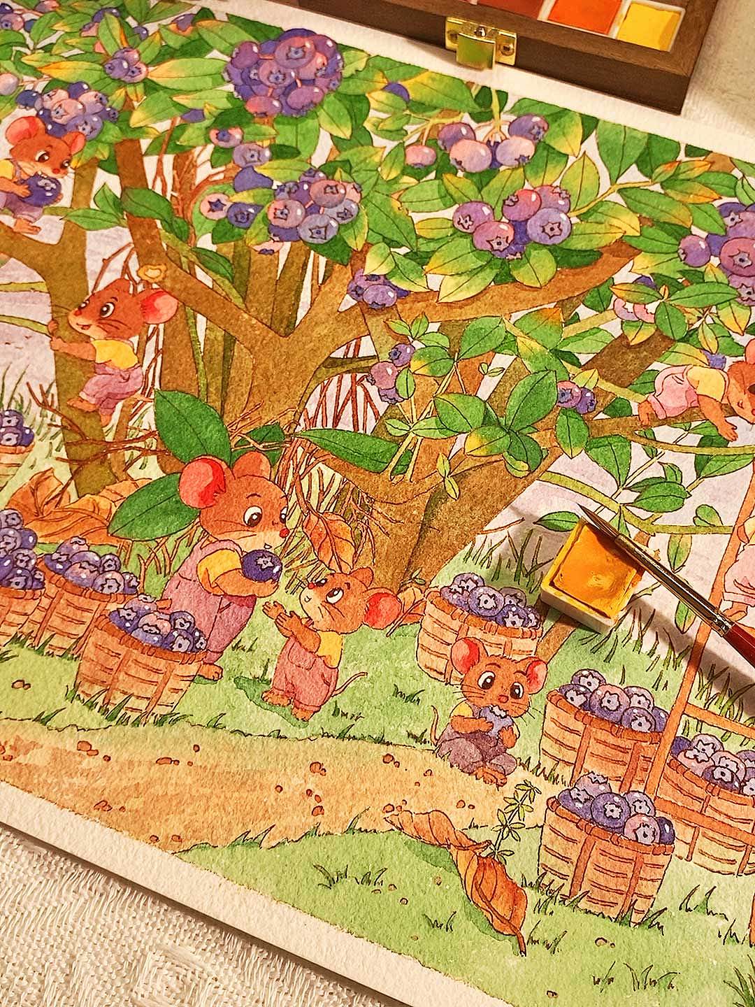 小鼠们摘蓝莓啦~（图ZNDA1MDg0MjI0） - 商业插画 - 站酷设计师采菲CaiFei原创素材 - 站酷ZCOOL