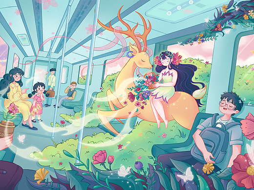 开往春天的地铁【淡彩风格原创插画】