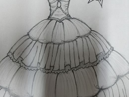 服装效果图：抽褶胸衣+多层大摆裙礼服设计稿