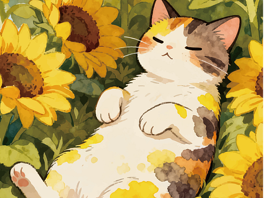 手机壁纸-金浪卷过花田 小猫坠入夏日橘色梦乡