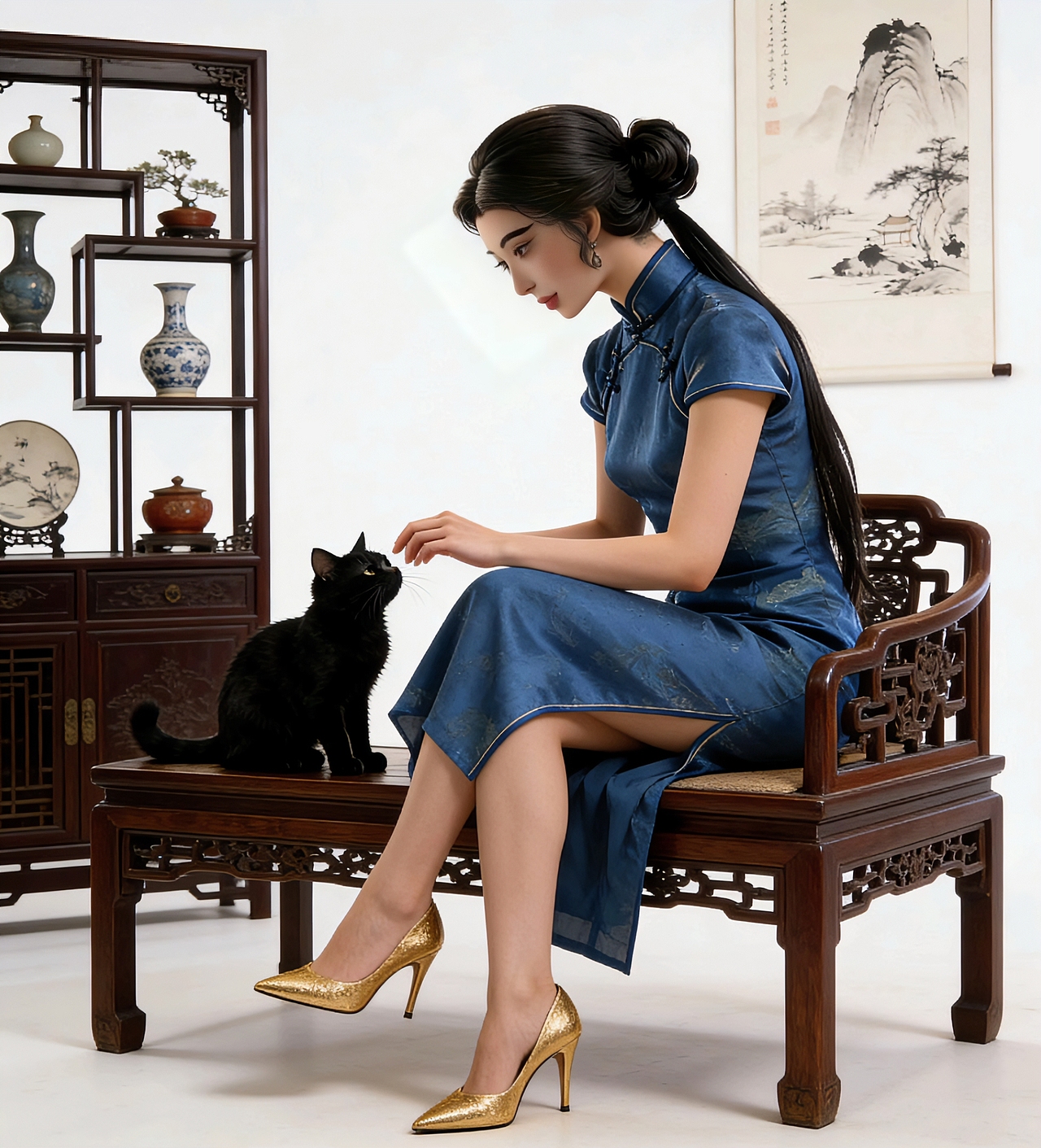 庭院春深，蓝调旗袍与猫的红木闲情（图ZNDA1MTk2MTk2） - 商业插画 - 站酷设计师司芷钰IP主理人原创素材 - 站酷ZCOOL