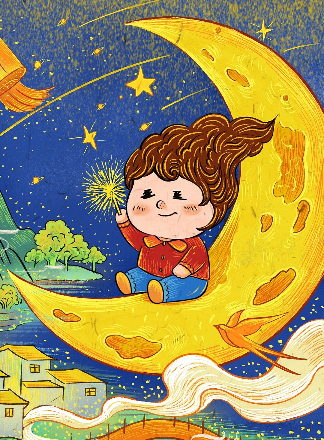 7月插画：如果可以上天摘颗星星下来🌟（图ZNDA1MjA0OTI4） - 商业插画 - 站酷设计师画画十口原创素材 - 站酷ZCOOL