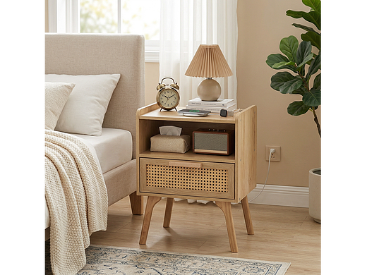 原木肌理｜藤编床头柜的自然共生美学