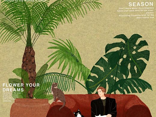 红沙发上的女人和猫咪