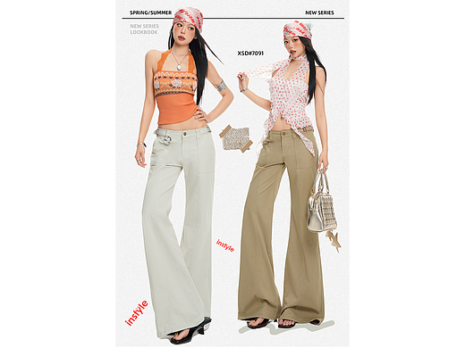 美式辣妹美式复古两色喇叭裤详情页排版海报模特拼图