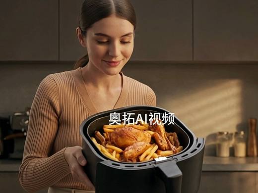 产品是AI生成奥克斯空气炸锅，在生成视频，无剪辑