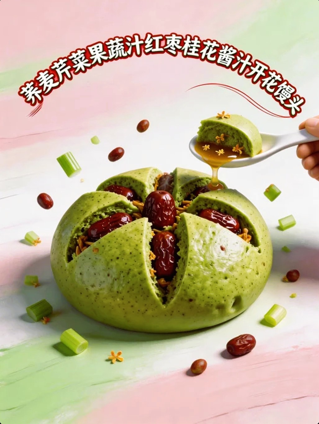 AIGC设计创意荞麦果蔬汁红枣开花馒头海报附带提示词（图ZNDA1MzAzODA4） - 海报 - 站酷设计师风中的玫瑰耶原创素材 - 站酷ZCOOL