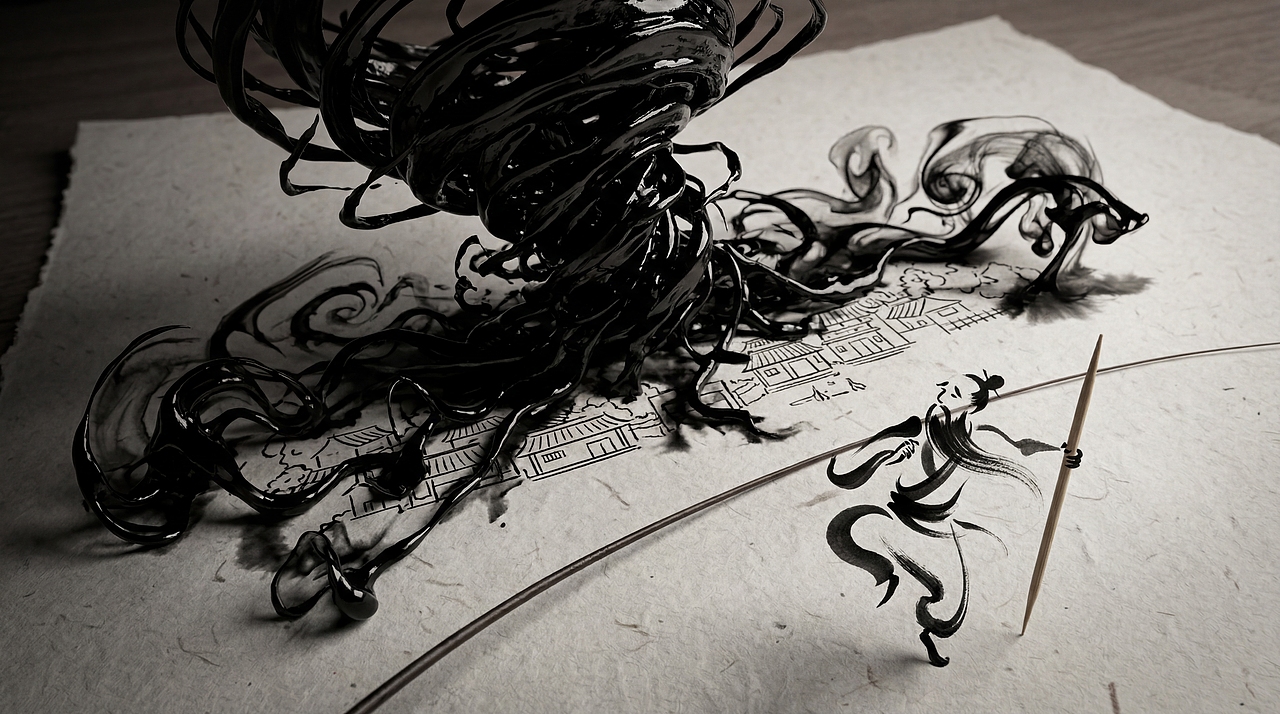 白描微观志：失控的焦墨“巨兽”（图ZNDA1MzMxNzIw） - AI作品 - 站酷设计师AI造物工坊原创素材 - 站酷ZCOOL