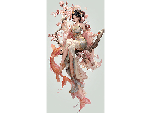 祥瑞锦鲤古风少女 唯美角色设计插画