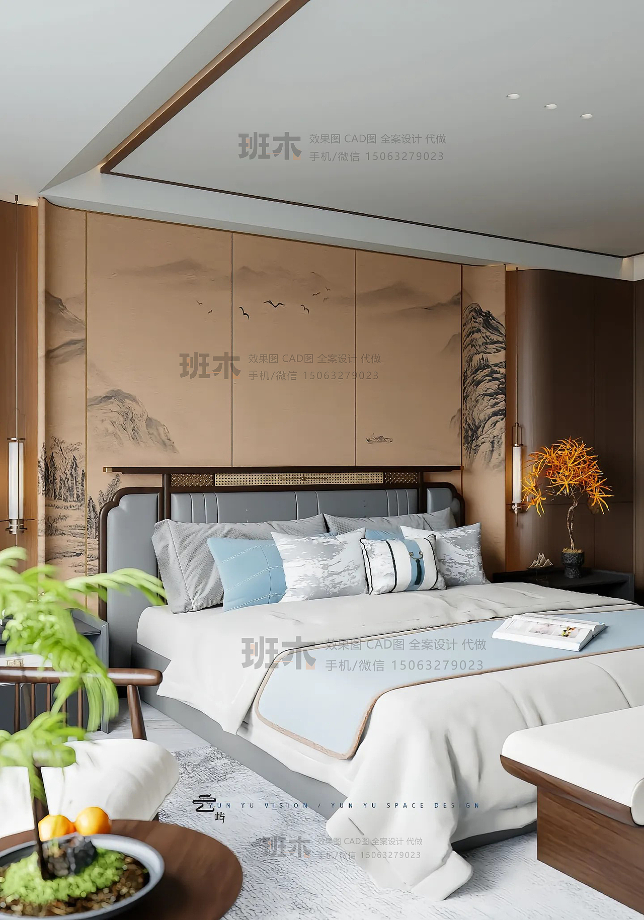 新中式主卧效果图｜班木效果图 |（图ZNDA1NDI0NDQ0） - 家装设计 - 站酷设计师Z070365847原创素材 - 站酷ZCOOL