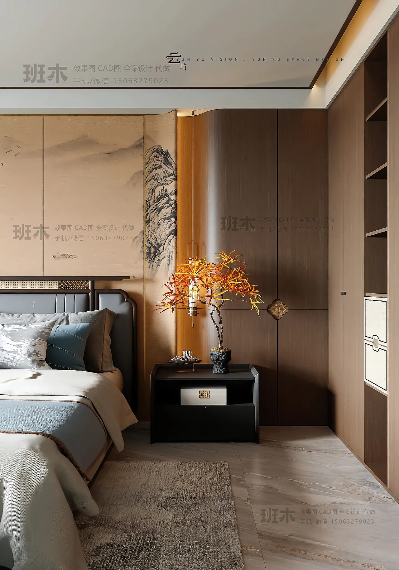 新中式主卧效果图｜班木效果图 |（图ZNDA1NDI0NDQ4） - 家装设计 - 站酷设计师Z070365847原创素材 - 站酷ZCOOL