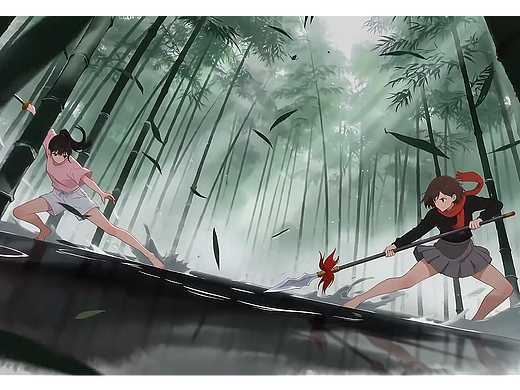 定制中式2D武打动作片段，水墨氛围感。