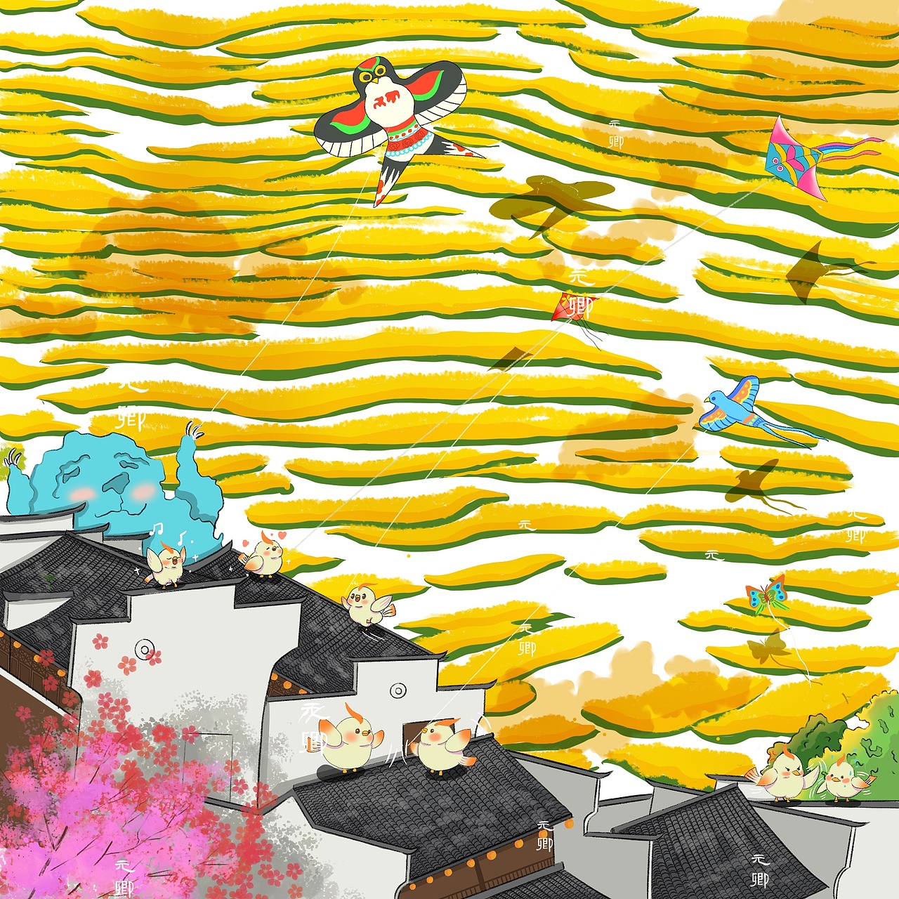 春风纸鸢与油菜花梯田（图ZNDA1NTE1MTA4） - 创作习作 - 站酷设计师元卿元卿元卿原创素材 - 站酷ZCOOL