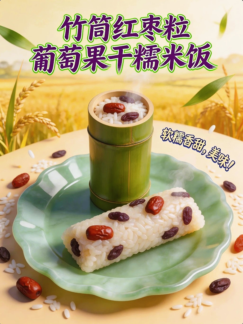 AIGC设计创意竹筒红枣葡萄果干糯米米饭海报附带提示词（图ZNDA1NTUxNjI0） - 海报 - 站酷设计师风中的玫瑰耶原创素材 - 站酷ZCOOL