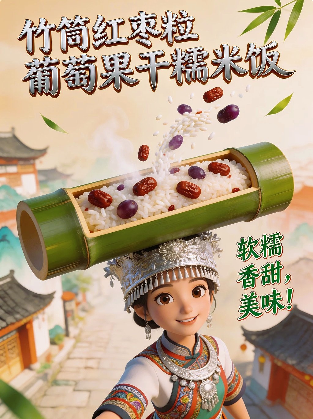 AIGC设计创意竹筒红枣葡萄果干糯米米饭海报附带提示词（图ZNDA1NTUxODAw） - 海报 - 站酷设计师风中的玫瑰耶原创素材 - 站酷ZCOOL