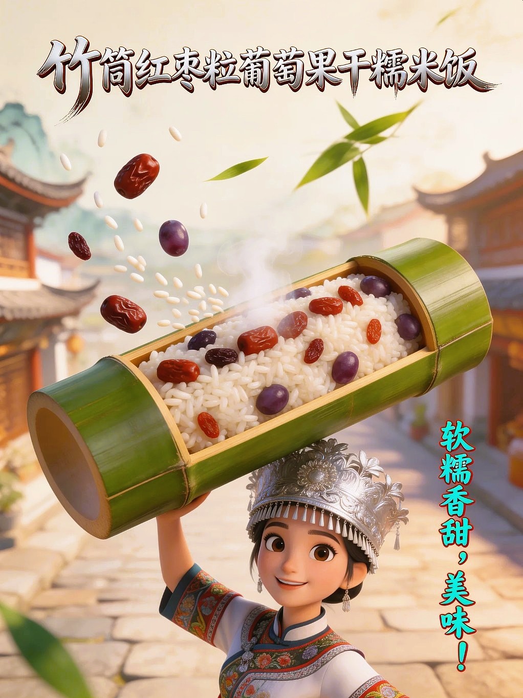 AIGC设计创意竹筒红枣葡萄果干糯米米饭海报附带提示词（图ZNDA1NTUxNzk2） - 海报 - 站酷设计师风中的玫瑰耶原创素材 - 站酷ZCOOL