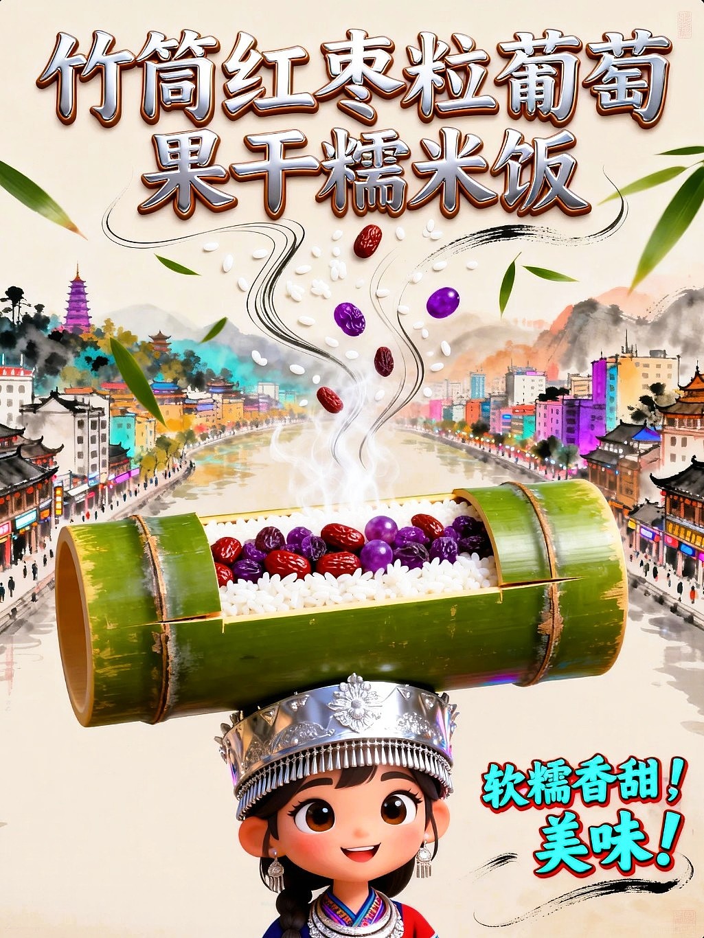 AIGC设计创意竹筒红枣葡萄果干糯米米饭海报附带提示词（图ZNDA1NTUxNzg4） - 海报 - 站酷设计师风中的玫瑰耶原创素材 - 站酷ZCOOL