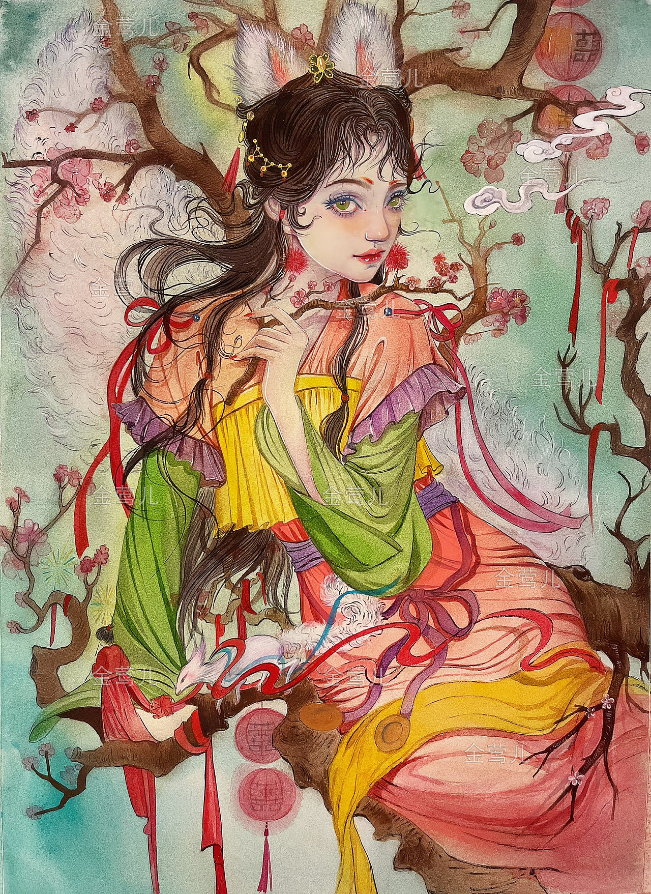 聊斋·婴宁（过程版）（图ZNDA1NTU0MjI4） - 艺术插画 - 站酷设计师金莺儿原创素材 - 站酷ZCOOL