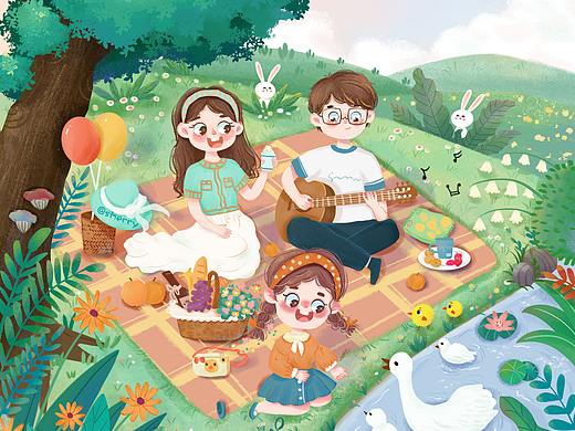 儿童插画--一家去野餐