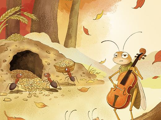 《蚂蚁与蟋蟀》伊索寓言 · 儿童绘本插画创作