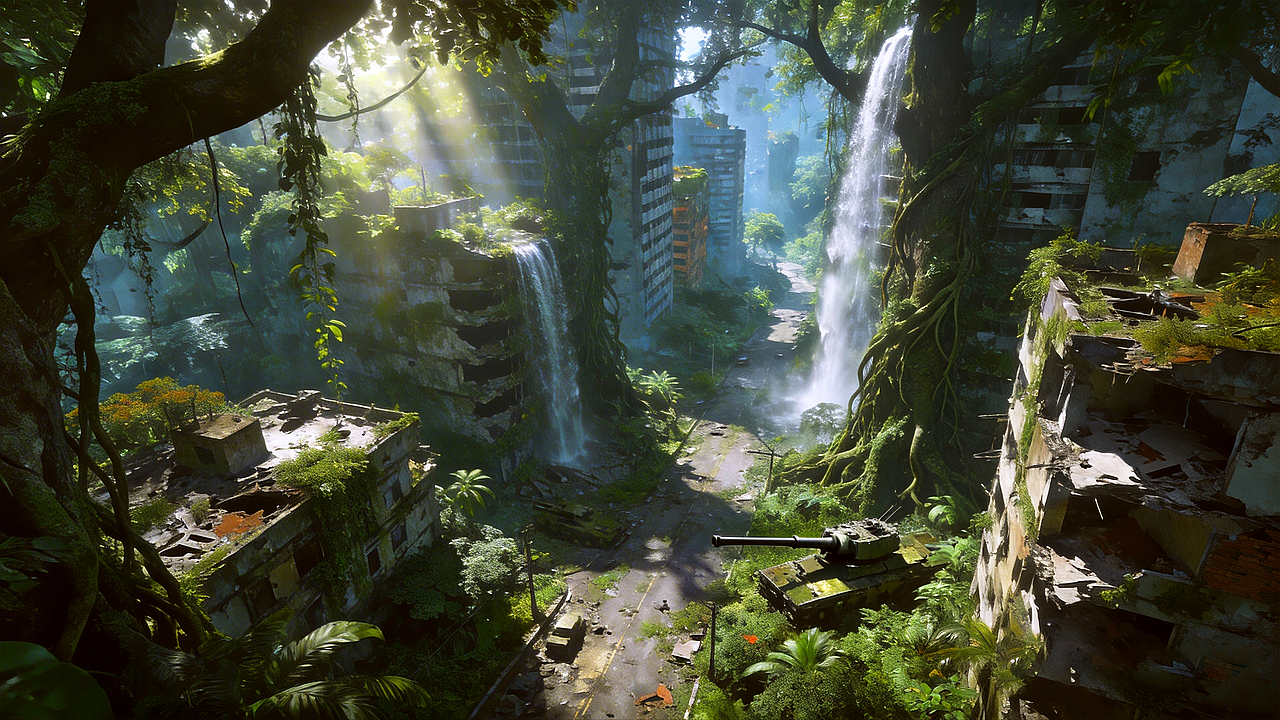 被原始森林吞噬的城市｜AI场景｜横版（图ZNDA1NTk4NDAw） - AI作品 - 站酷设计师七分糖图库原创素材 - 站酷ZCOOL