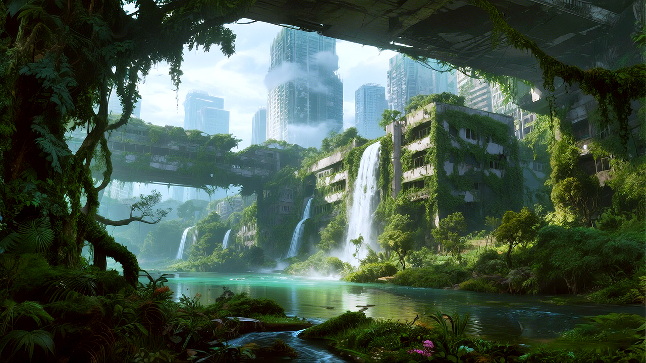 被原始森林吞噬的城市｜AI场景｜横版（图ZNDA1NTk4NDA0） - AI作品 - 站酷设计师七分糖图库原创素材 - 站酷ZCOOL