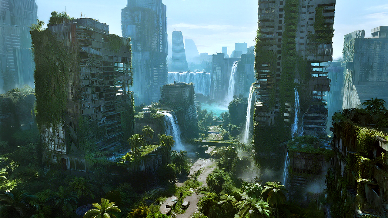 被原始森林吞噬的城市｜AI场景｜横版（图ZNDA1NTk4NDA4） - AI作品 - 站酷设计师七分糖图库原创素材 - 站酷ZCOOL