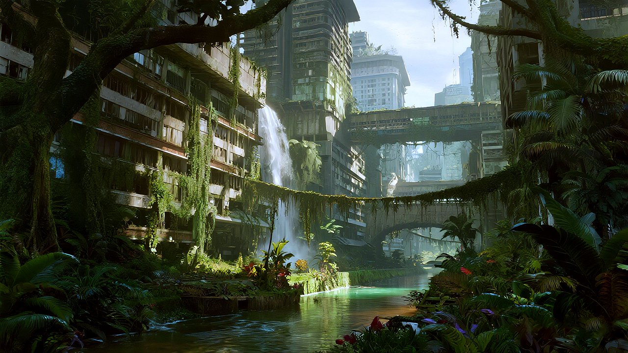 被原始森林吞噬的城市｜AI场景｜横版（图ZNDA1NTk4NDM2） - AI作品 - 站酷设计师七分糖图库原创素材 - 站酷ZCOOL