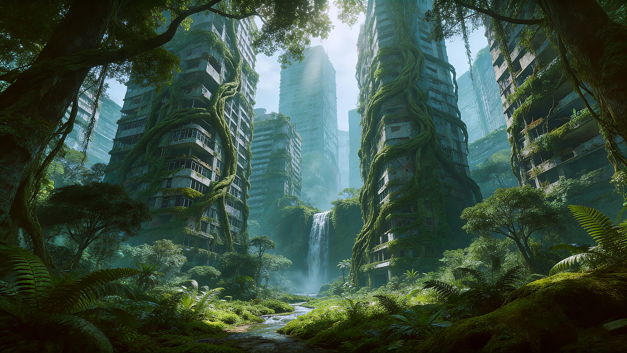 被原始森林吞噬的城市｜AI场景｜横版（图ZNDA1NTk4NDQw） - AI作品 - 站酷设计师七分糖图库原创素材 - 站酷ZCOOL