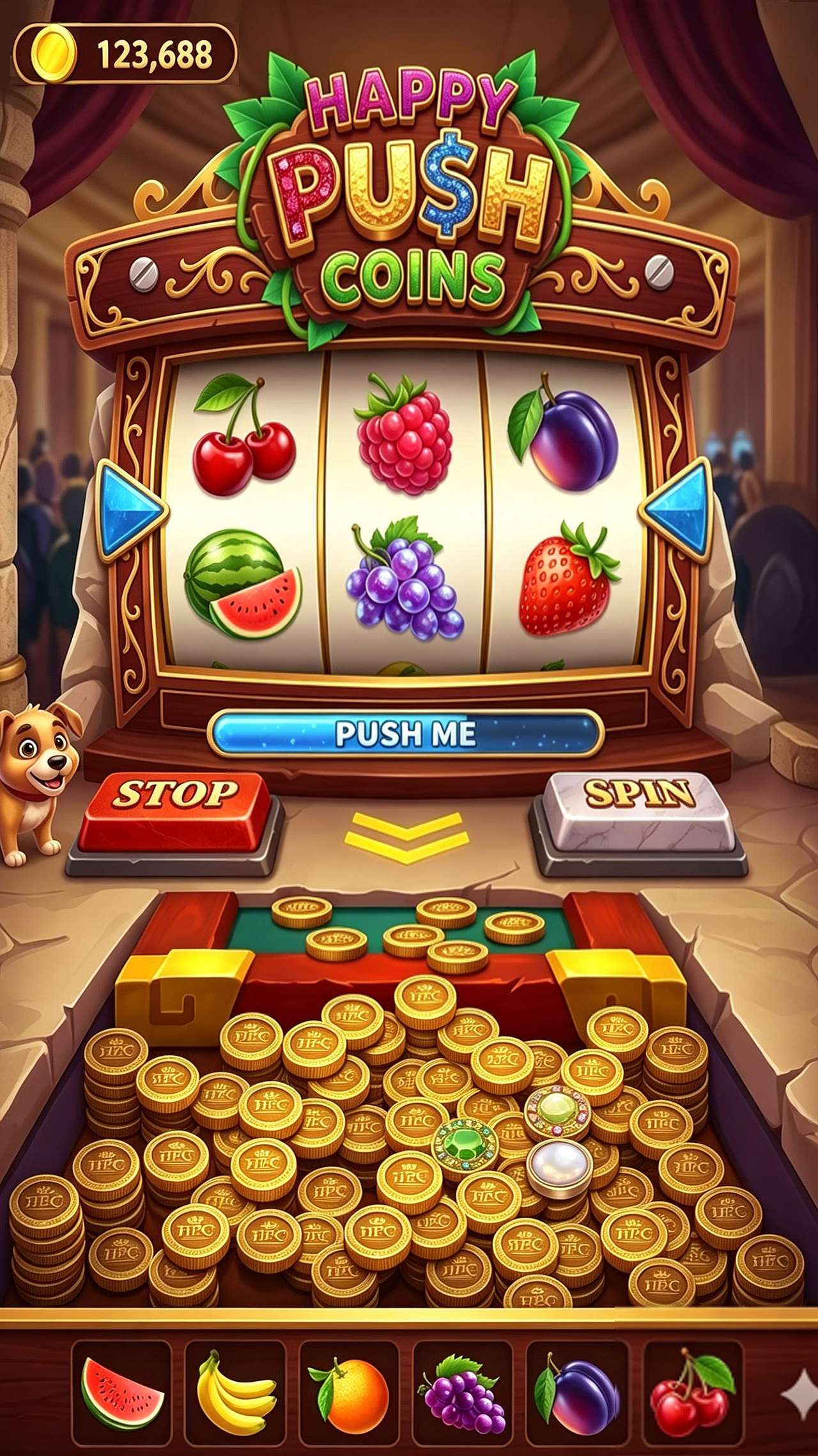 丛林水果主题休闲游戏UI设计 | Happy Push Coins 界面（图ZNDA1NjE3Nzk2） - 游戏UI - 站酷设计师小叶子_UI原创素材 - 站酷ZCOOL