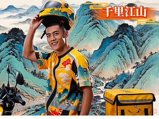 你見過把故宮《千里江山圖》做成外賣服的嗎？（個人主頁-ZNzM0NzAzNjA=） - AI作品 - 站酷設計師婁輕語原創(chuàng)素材 - 站酷ZCOOL