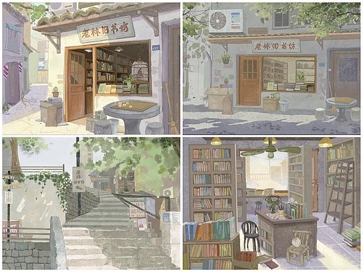 一组乡镇场景插画