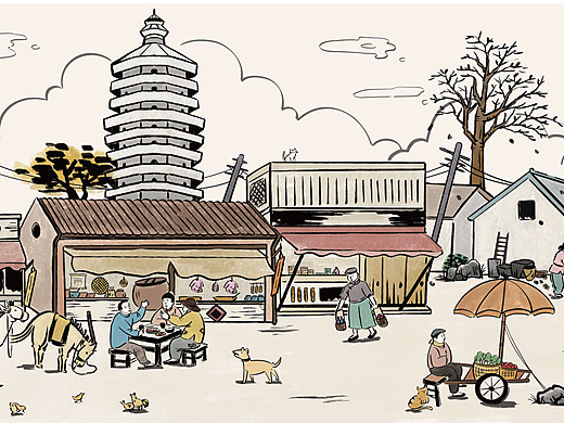 老北京西城区 西单20米长卷x商业插画
