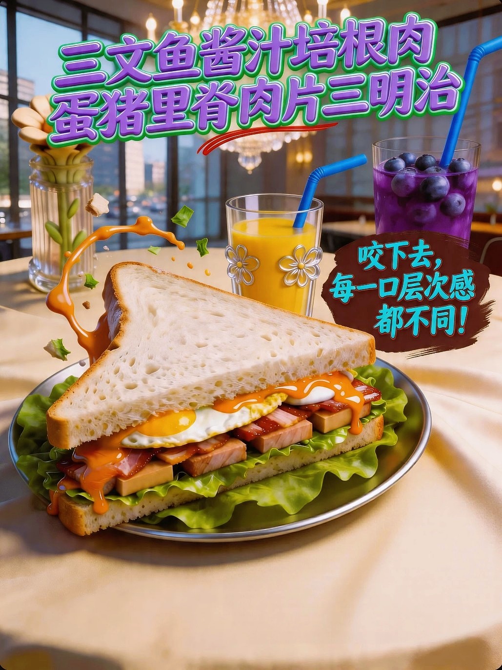 既梦AIGC设计三文鱼酱汁培根肉蛋猪里脊肉片三明治海报（图ZNDA1NzU5NTYw） - 海报 - 站酷设计师风中的玫瑰耶原创素材 - 站酷ZCOOL