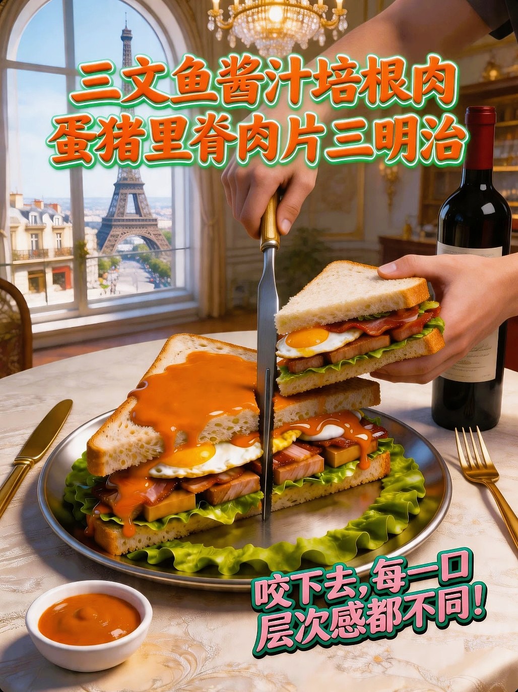 既梦AIGC设计三文鱼酱汁培根肉蛋猪里脊肉片三明治海报（图ZNDA1NzU5NjQw） - 海报 - 站酷设计师风中的玫瑰耶原创素材 - 站酷ZCOOL