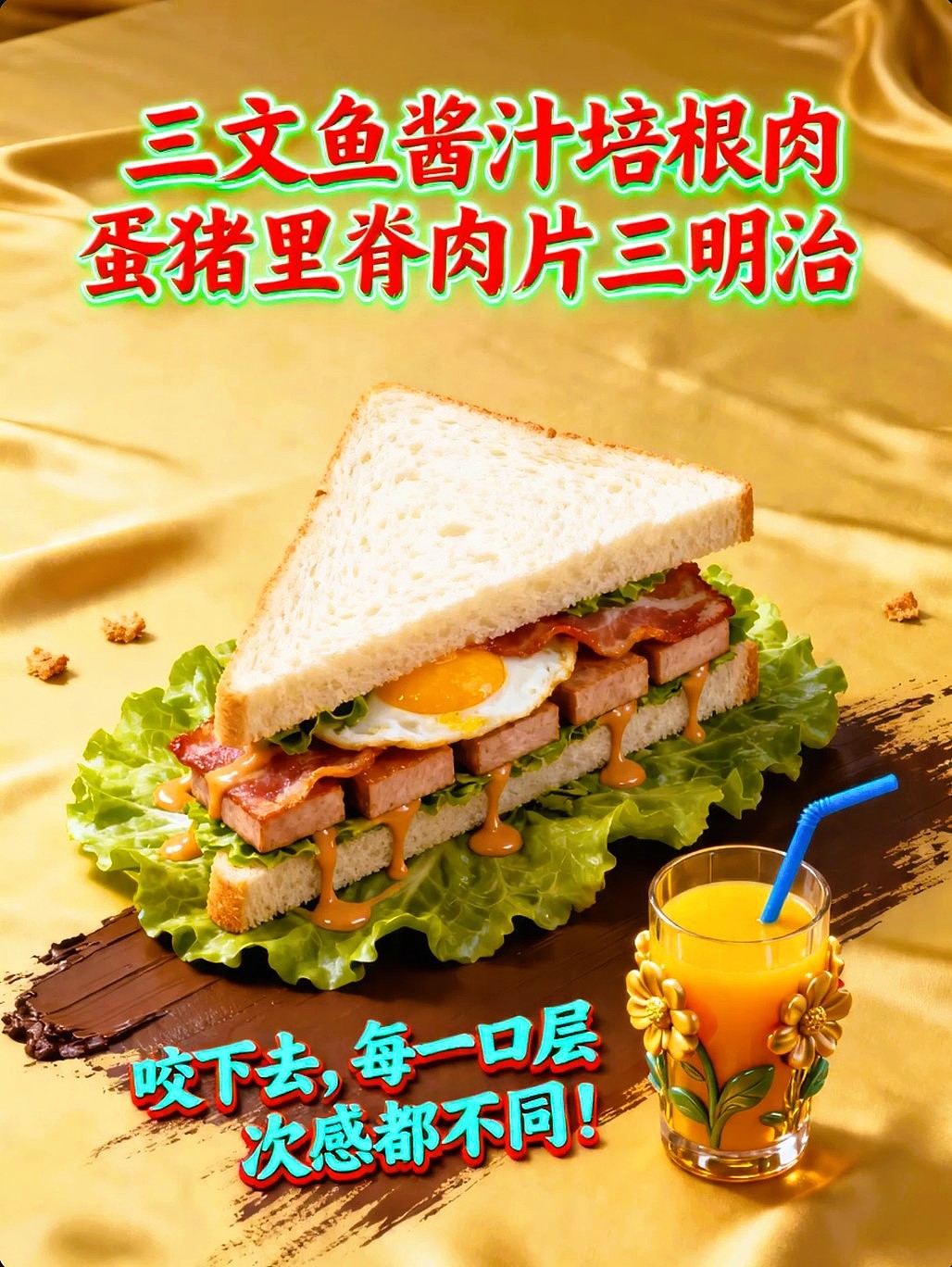 既梦AIGC设计三文鱼酱汁培根肉蛋猪里脊肉片三明治海报（图ZNDA1NzYxNDg0） - 海报 - 站酷设计师风中的玫瑰耶原创素材 - 站酷ZCOOL