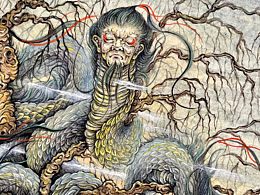 原創(chuàng)手繪國風(fēng)水彩插畫-《山海經(jīng)》相柳