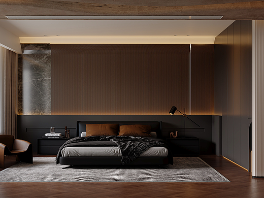 轻奢暗色系客餐厅卧室效果图表现
