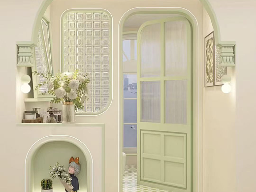 以奶油白为底，薄荷绿勾勒温柔轮廓，