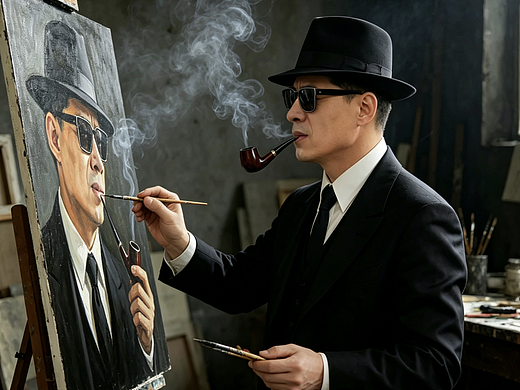 巨匠北鸿超写实油画《手持烟斗的北鸿》