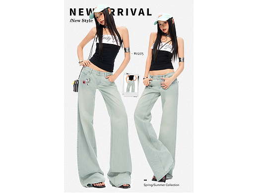 美式辣妹美式复古牛仔休闲喇叭裤详情排版海报模特拼图