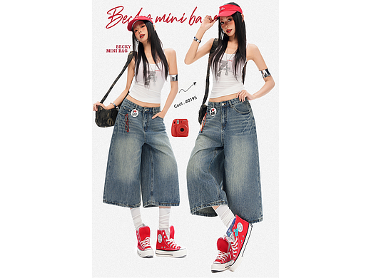 美式辣妹美式复古牛仔七分裤详情排版海报模特拼图