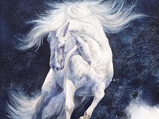 水彩，白马